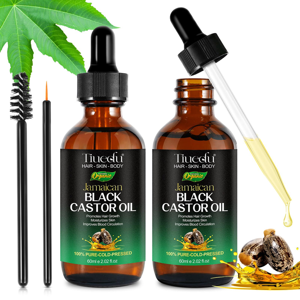 Tiuedu Jamaican Black Castor Oil hair-growth bottle pour supports potential hair growth and scalp nourishment.