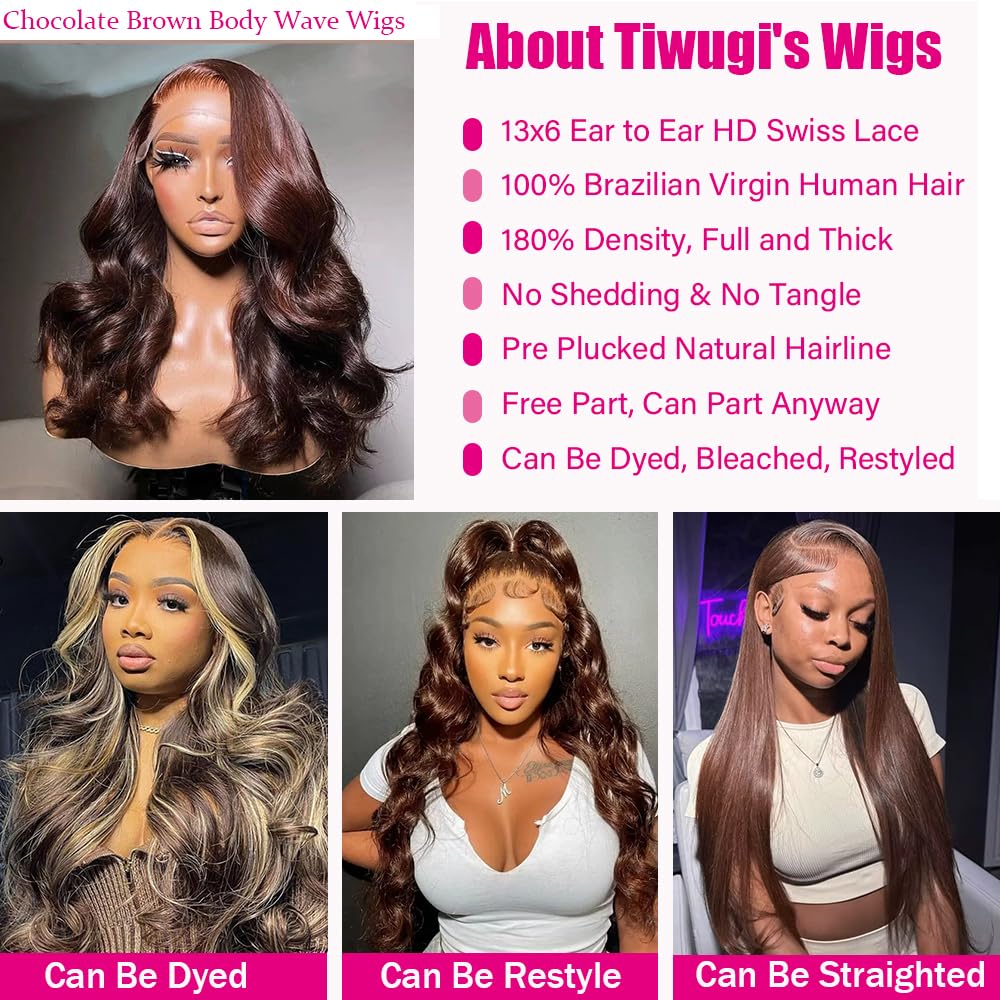 Tiwugi chocolate brown lace front wig 13x6 lace area enables versatile parting.