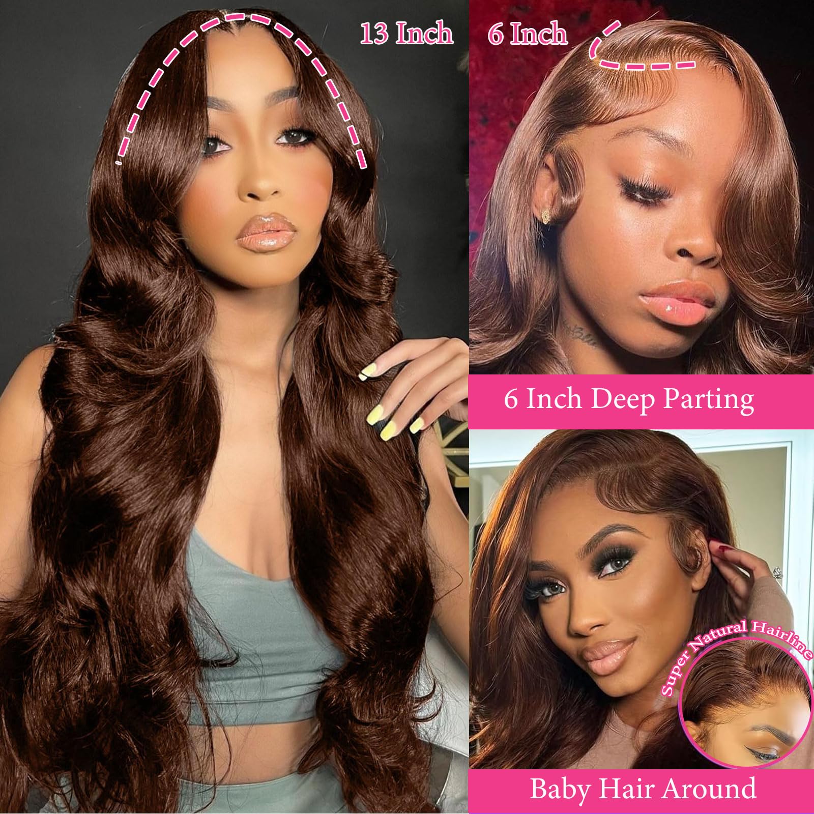 Tiwugi chocolate brown lace front wig body wave hair adds soft movement.