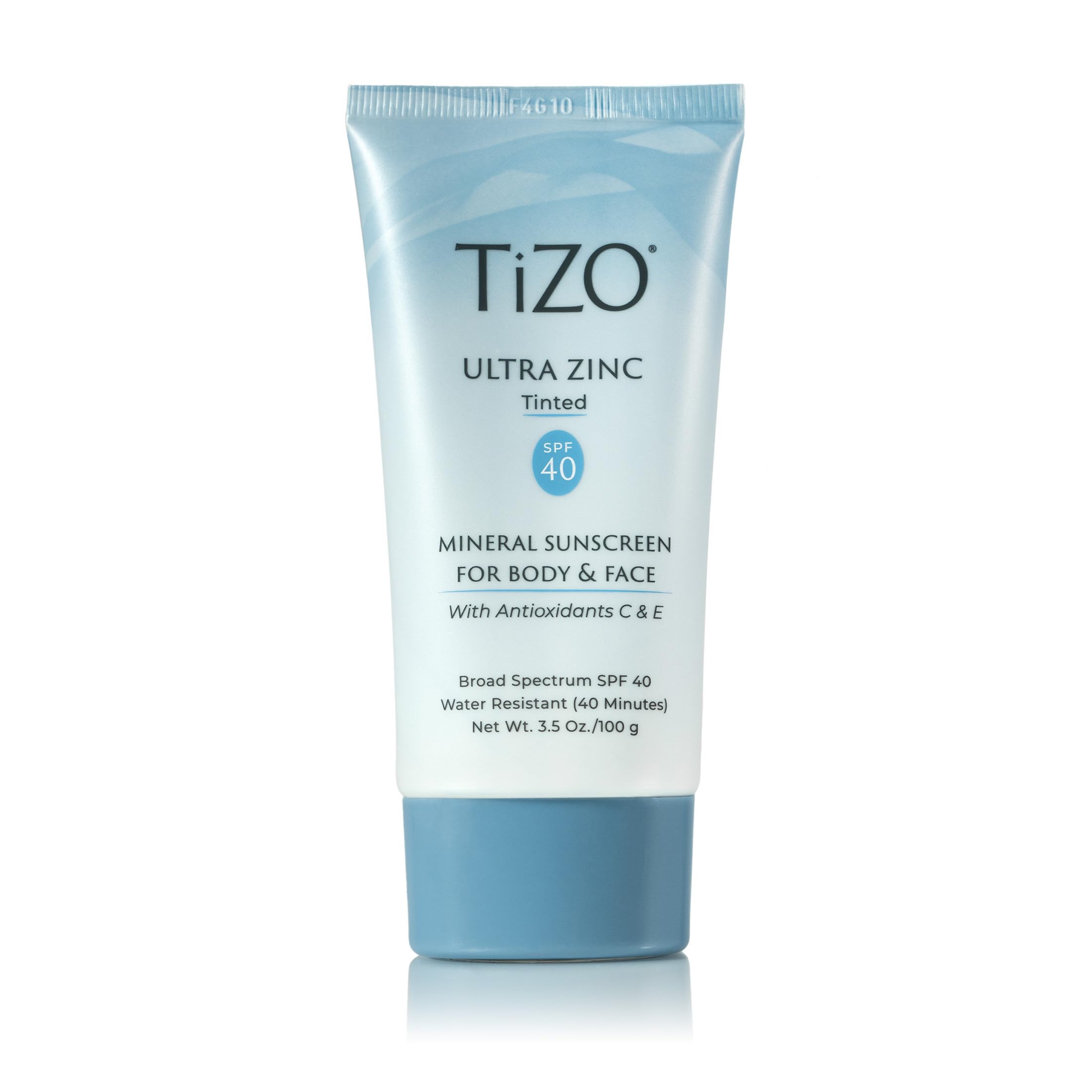 TIZO Ultra Zinc tinted sunscreen bottle closeup highlighting soothing zinc oxide.