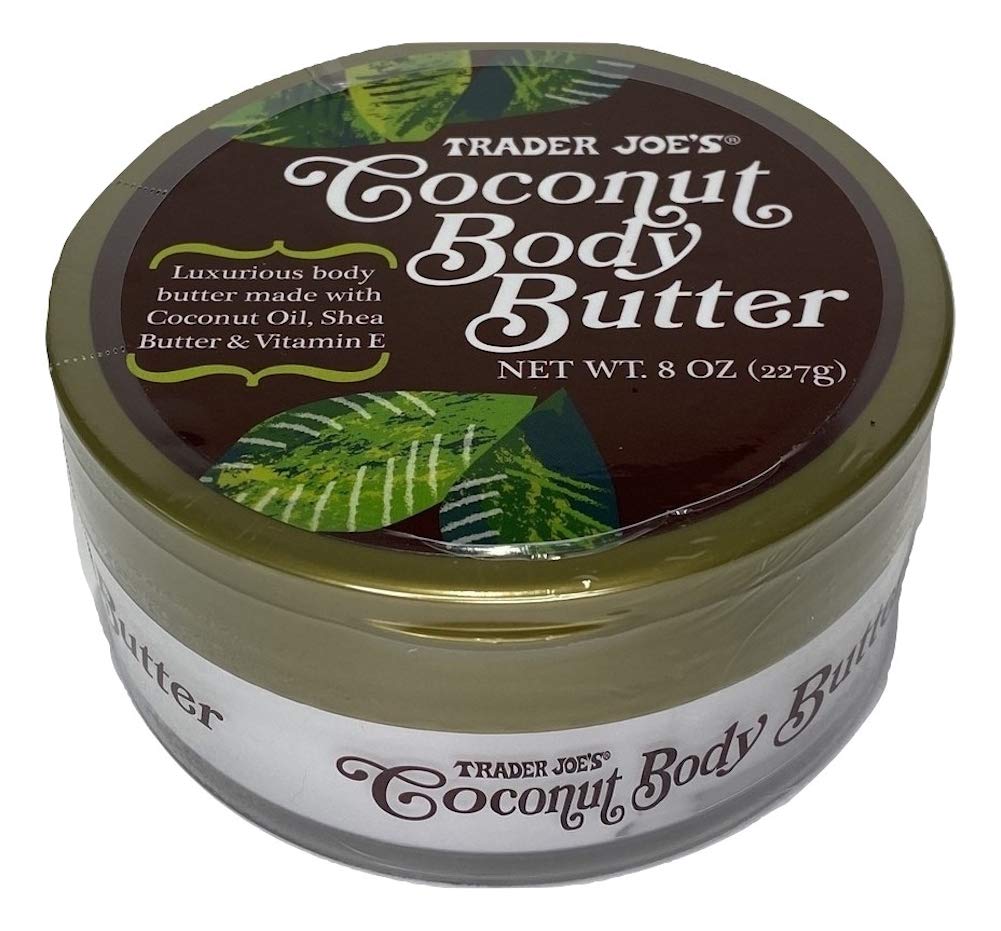 TJ's Coconut Body Butter 8 oz tub with creamy texture for smooth skin.