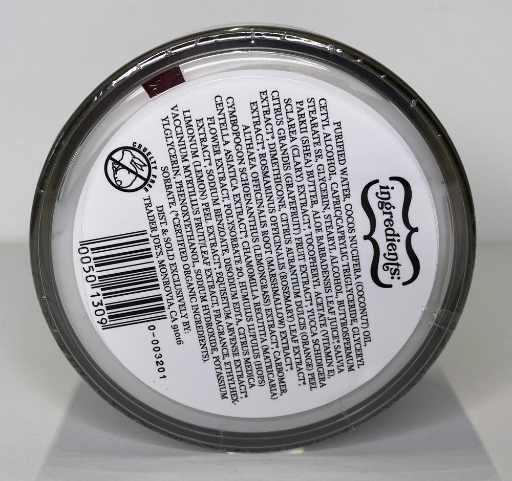 TJ's Coconut Body Butter packaging label showing coconut ingredients and design.