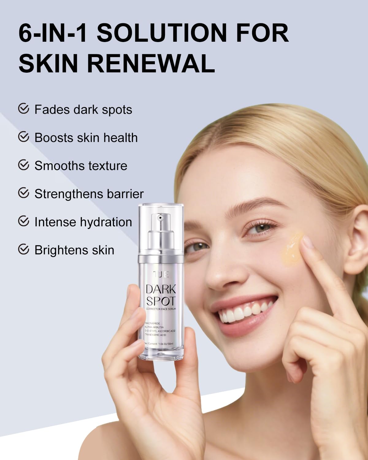 TJE dark spot serum applied to face for even-toned results.