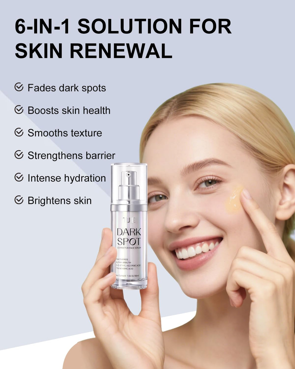 TJE dark spot serum applied to face for even-toned results.