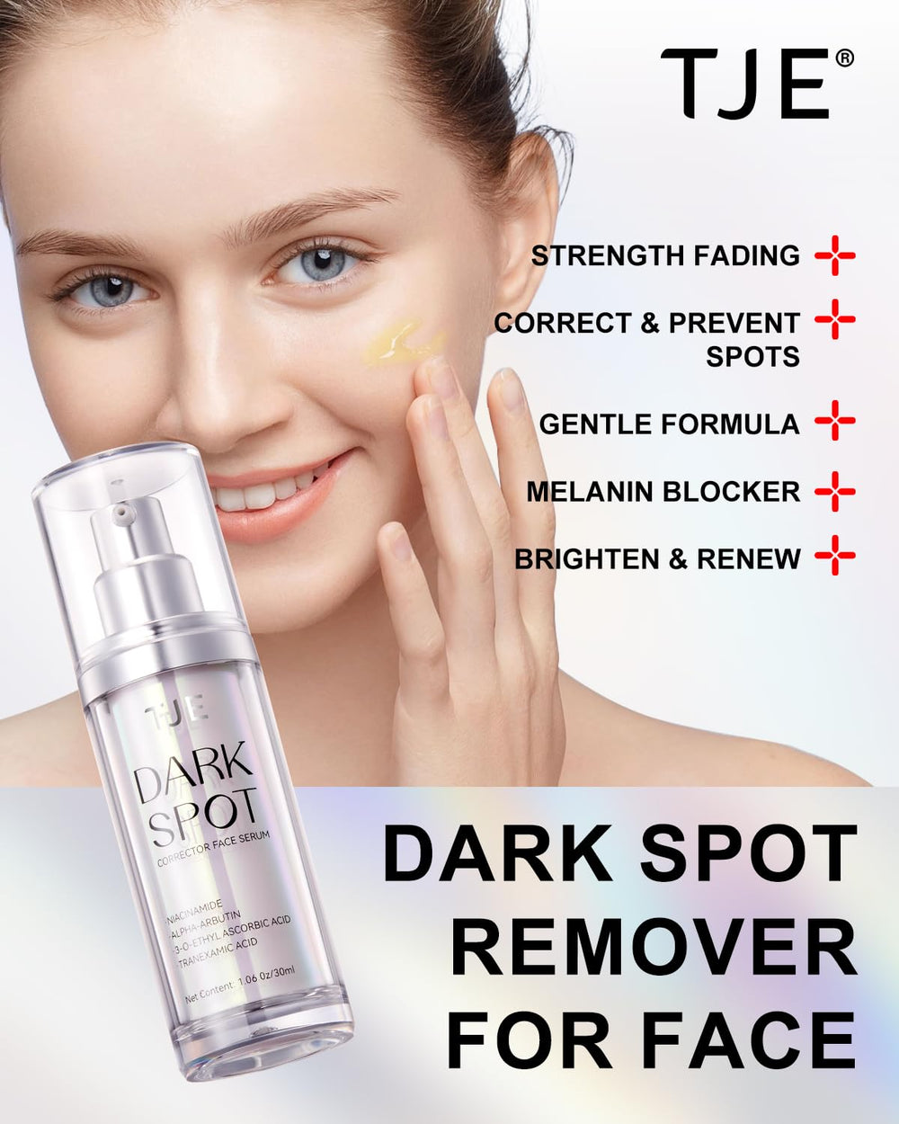 TJE niacinamide and alpha-arbutin active ingredients illustrated for bold brightening.