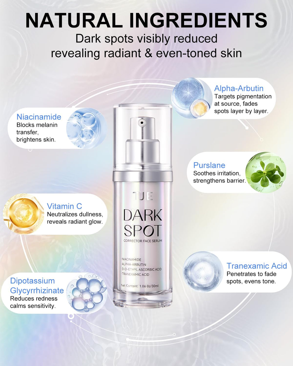 TJE dark spot serum on-hand demonstrates compact packaging for on-the-go use.