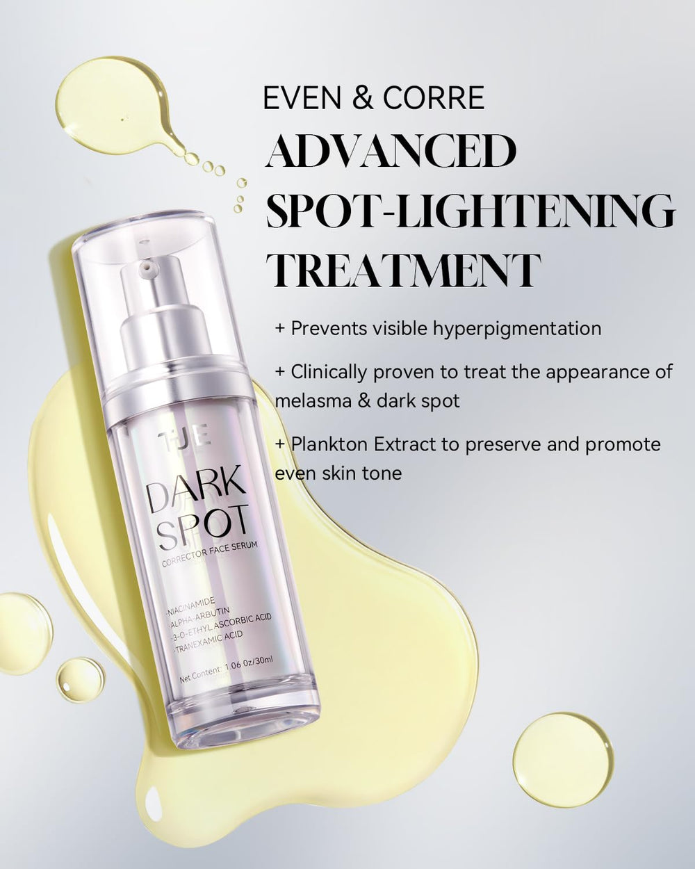 TJE dark spot serum texture close-up highlights light, fast-absorbing formula.