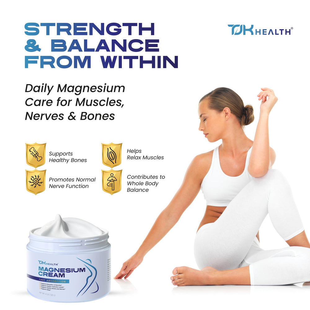 TJK Health Magnesium Cream bottle spreads on skin for smooth hydration and targeted nourishment.