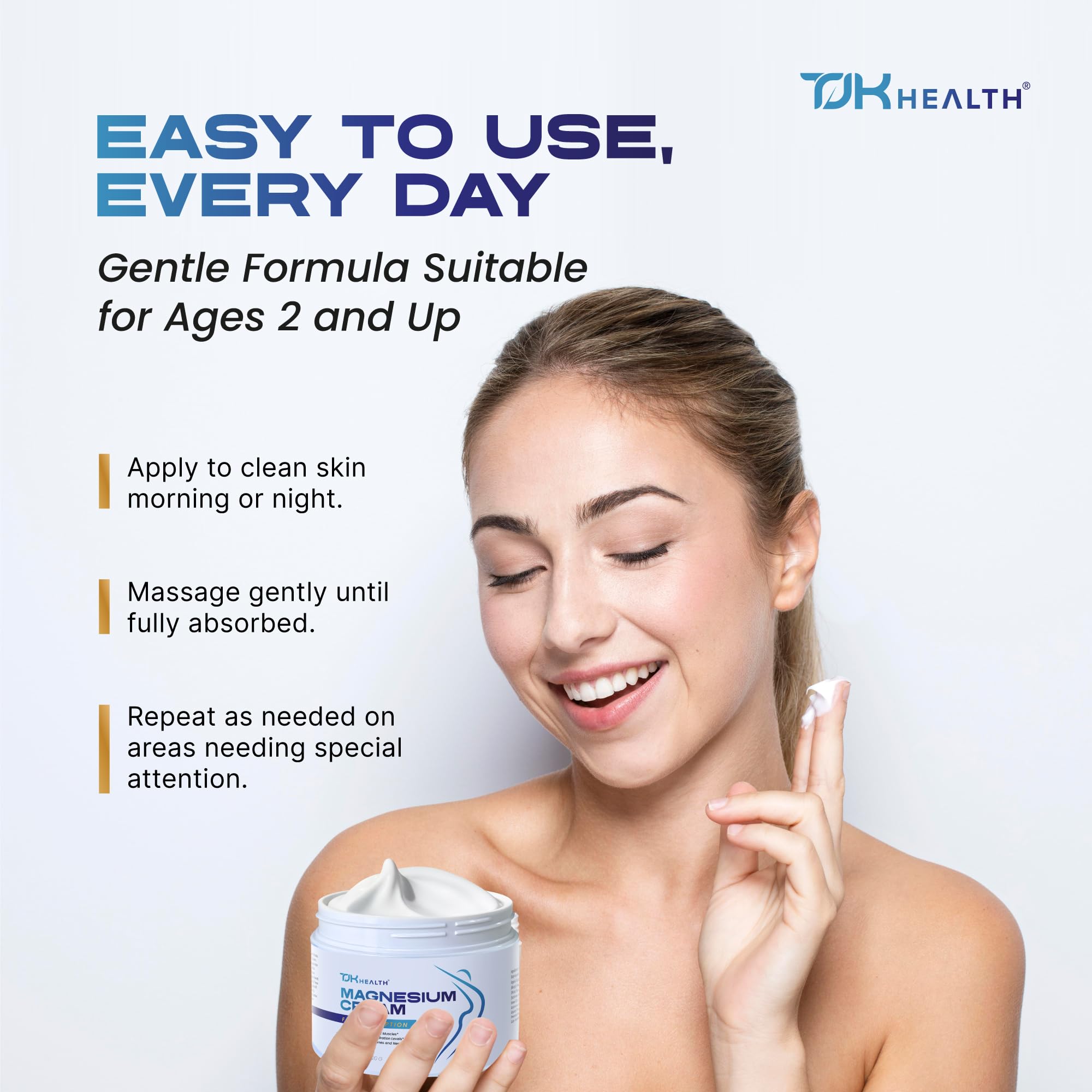 TJK Health Magnesium Cream with family-use scene shows safe daily support for all ages.