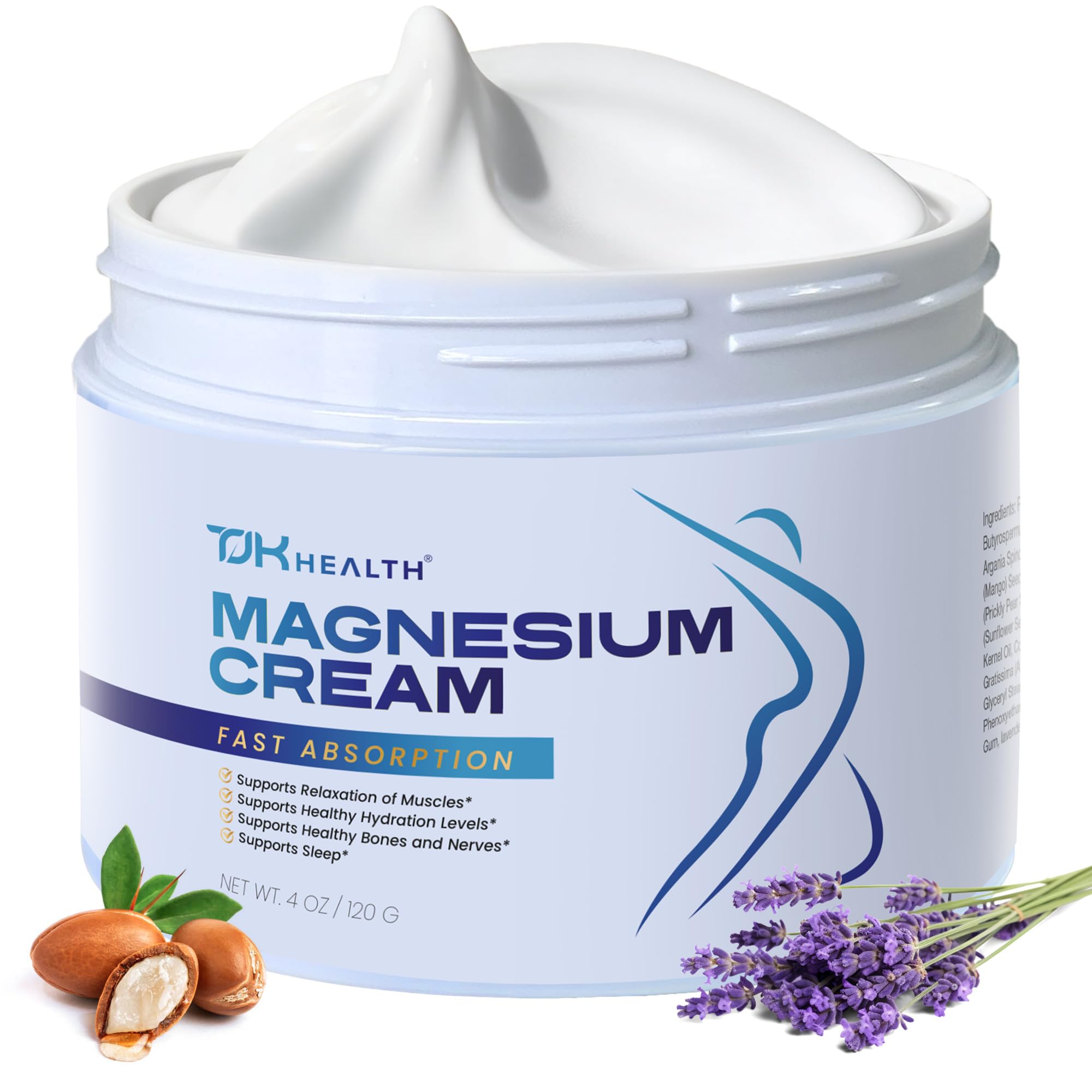 TJK Health Magnesium Cream jar closeup shows lavender-shea blend for calm evening hydration.