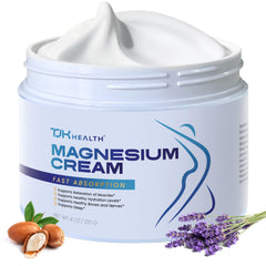 TJK Health Magnesium Cream jar closeup shows lavender-shea blend for calm evening hydration.