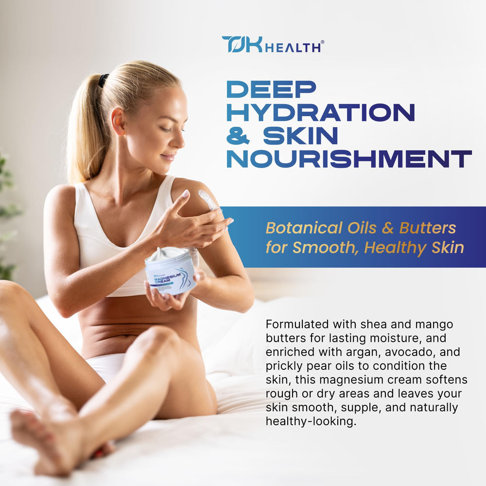 TJK Health Magnesium Cream in a nighttime scene suggests relaxing routine and calmer evenings.