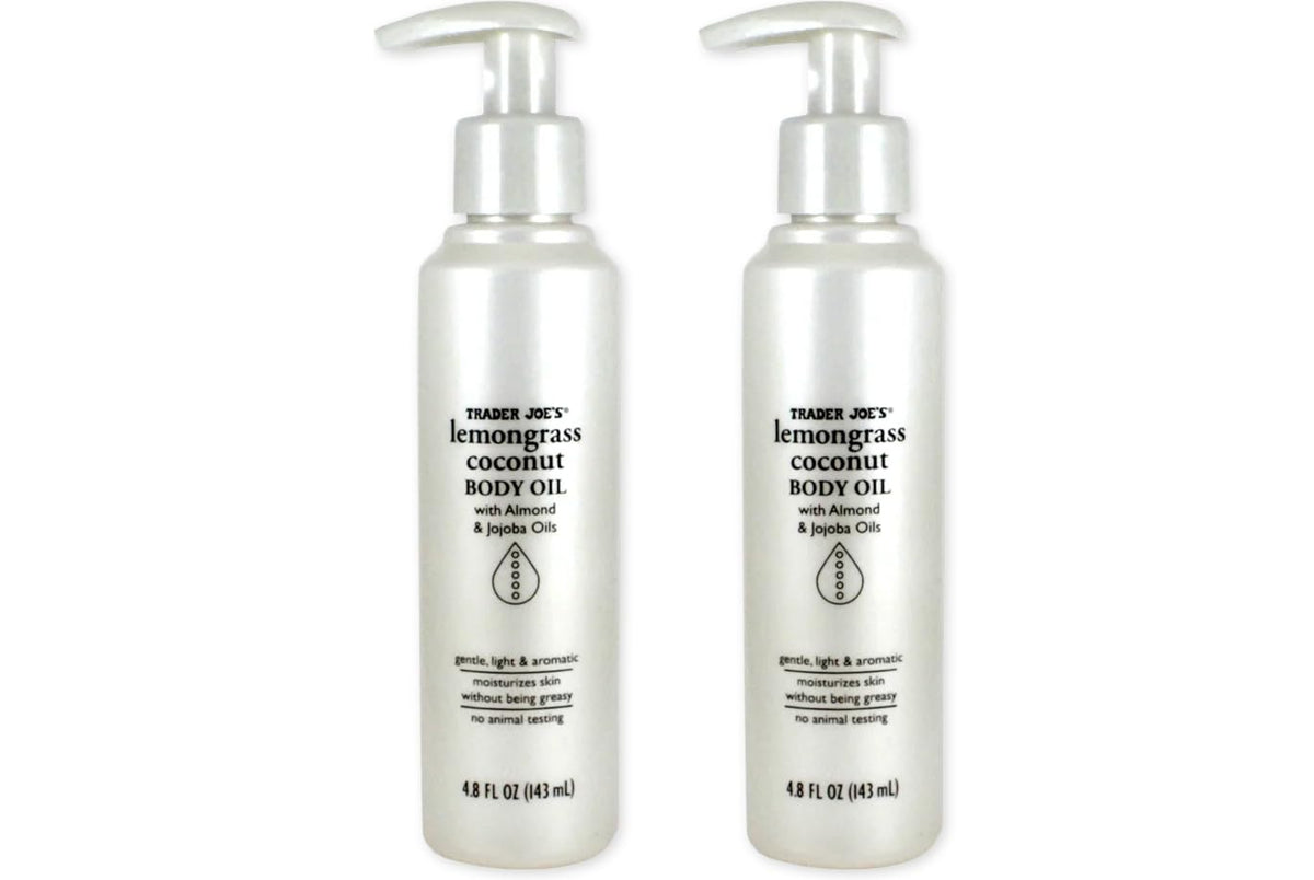 TJ’s Lemongrass Coconut Body Oil bottle with bright, non-greasy hydration.