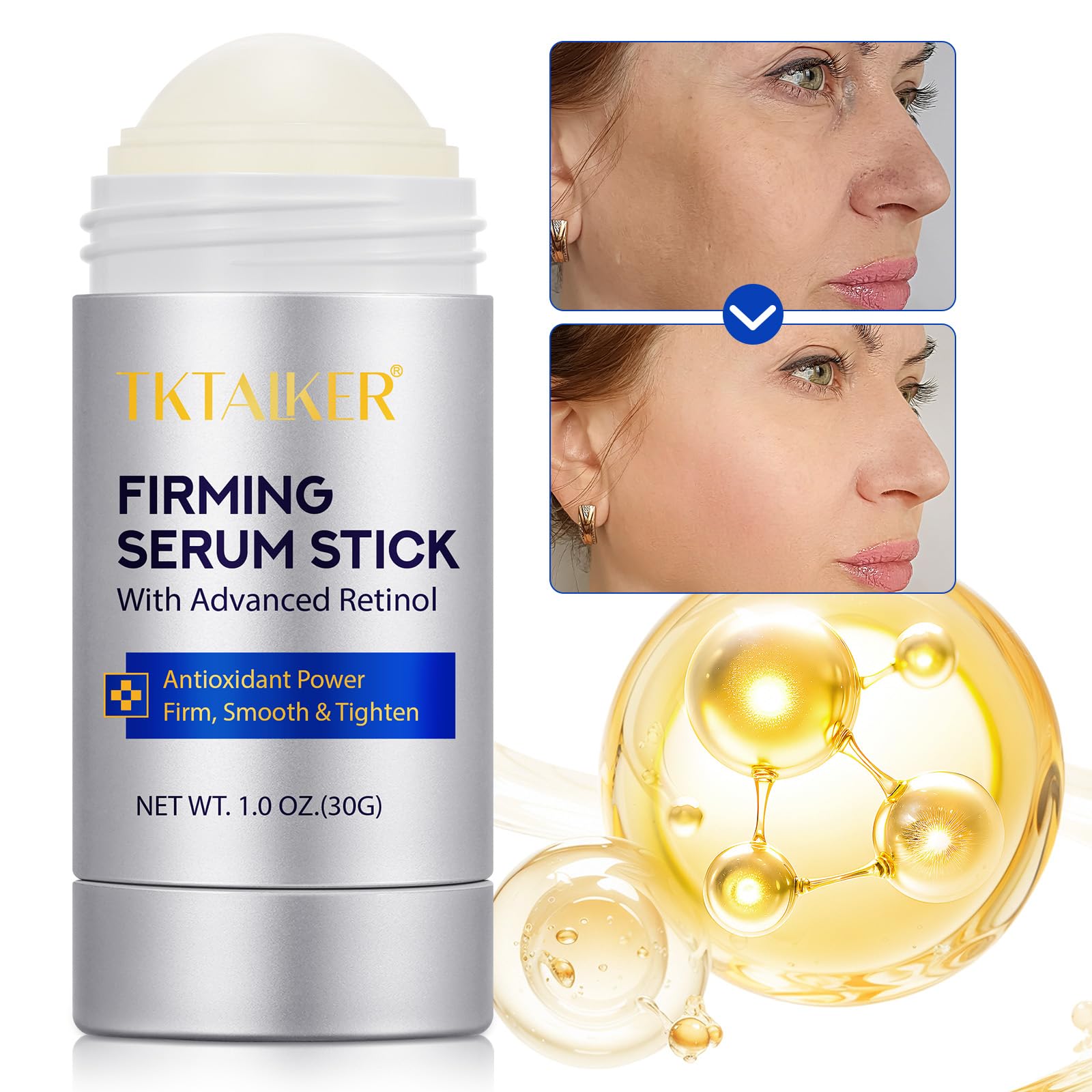 TKTALKER Advanced Retinol Stick in action for precise wrinkle and laugh line care.