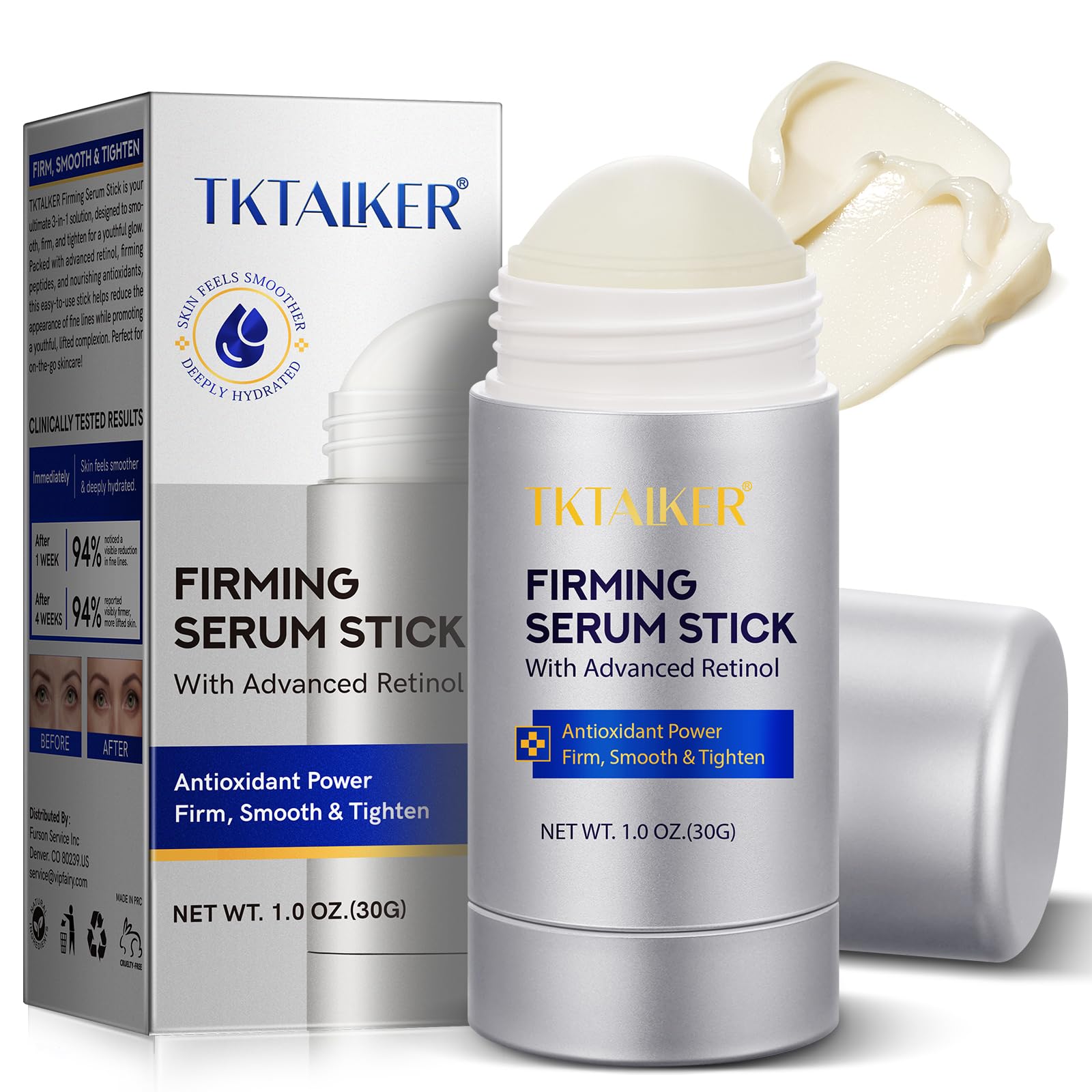 TKTALKER Advanced Retinol Stick packaging shows portable, mess-free firming solution.
