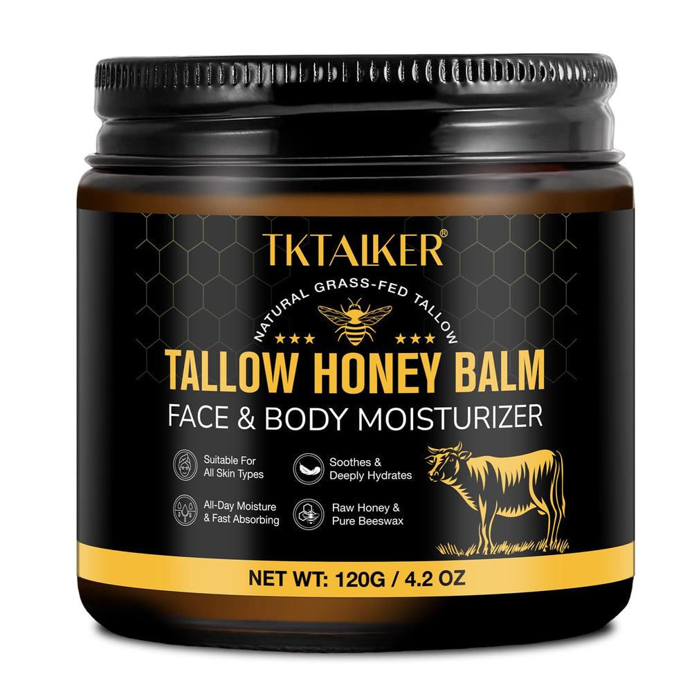 TKTALKER beef-tallow-honey-balm-packaging highlights natural, gentle skincare.
