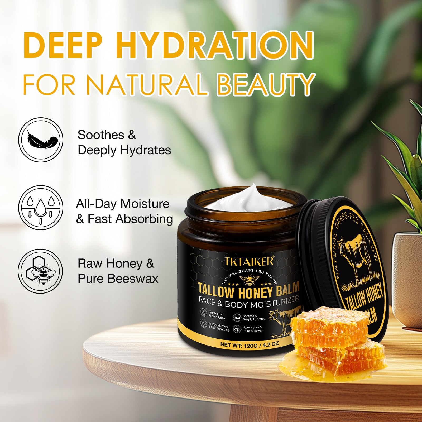 TKTALKER beef-tallow-honey-beeswax-jar natural moisturizer on shelf.