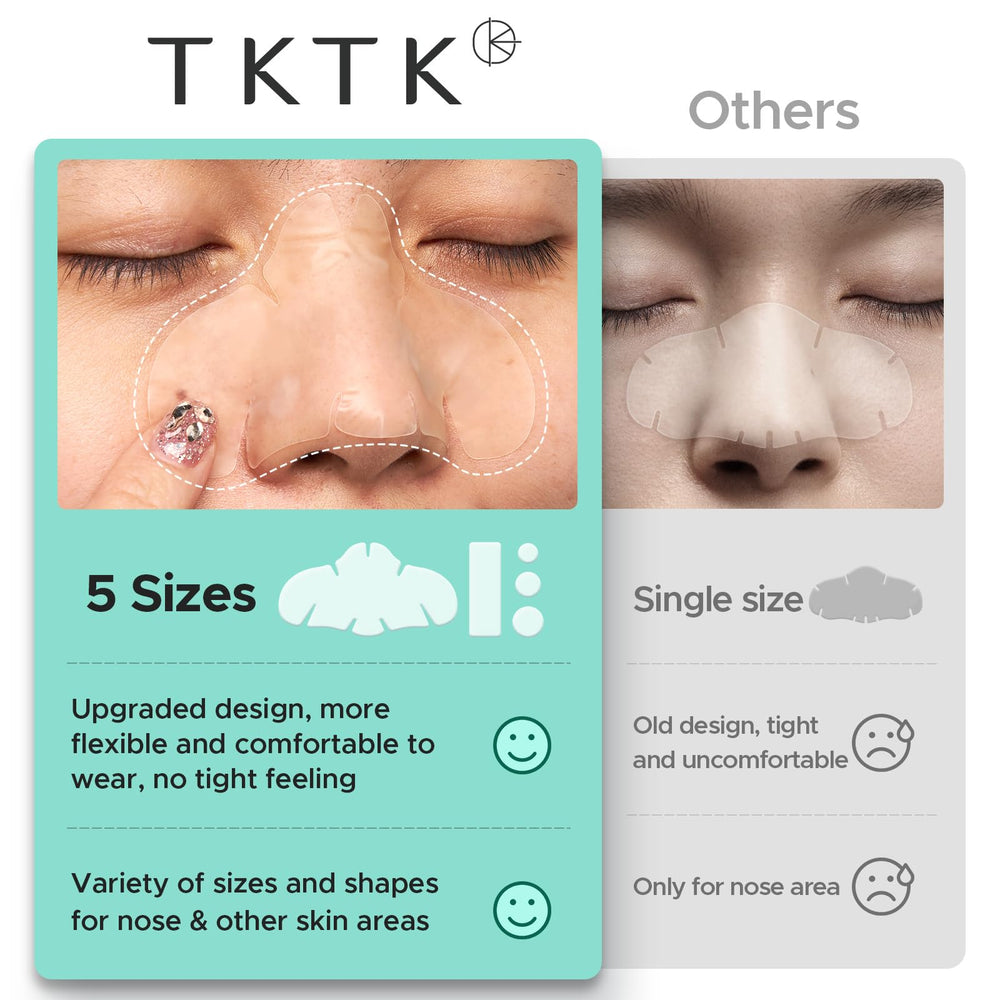TKTK acne strips 60x20mm on nose demonstrate large blemish coverage.