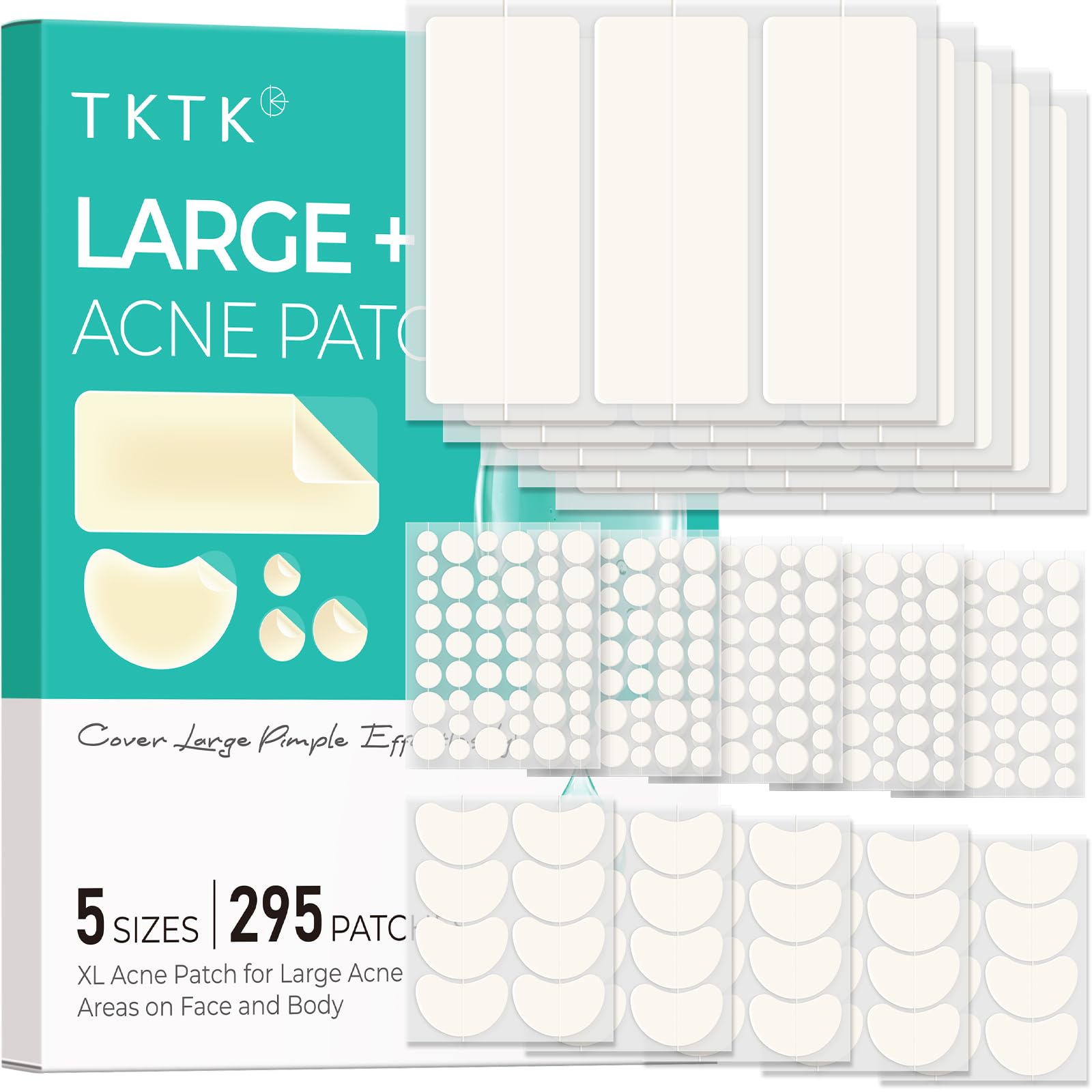 TKTK large pimple patches cover the face with rapid absorption and discreet wear.