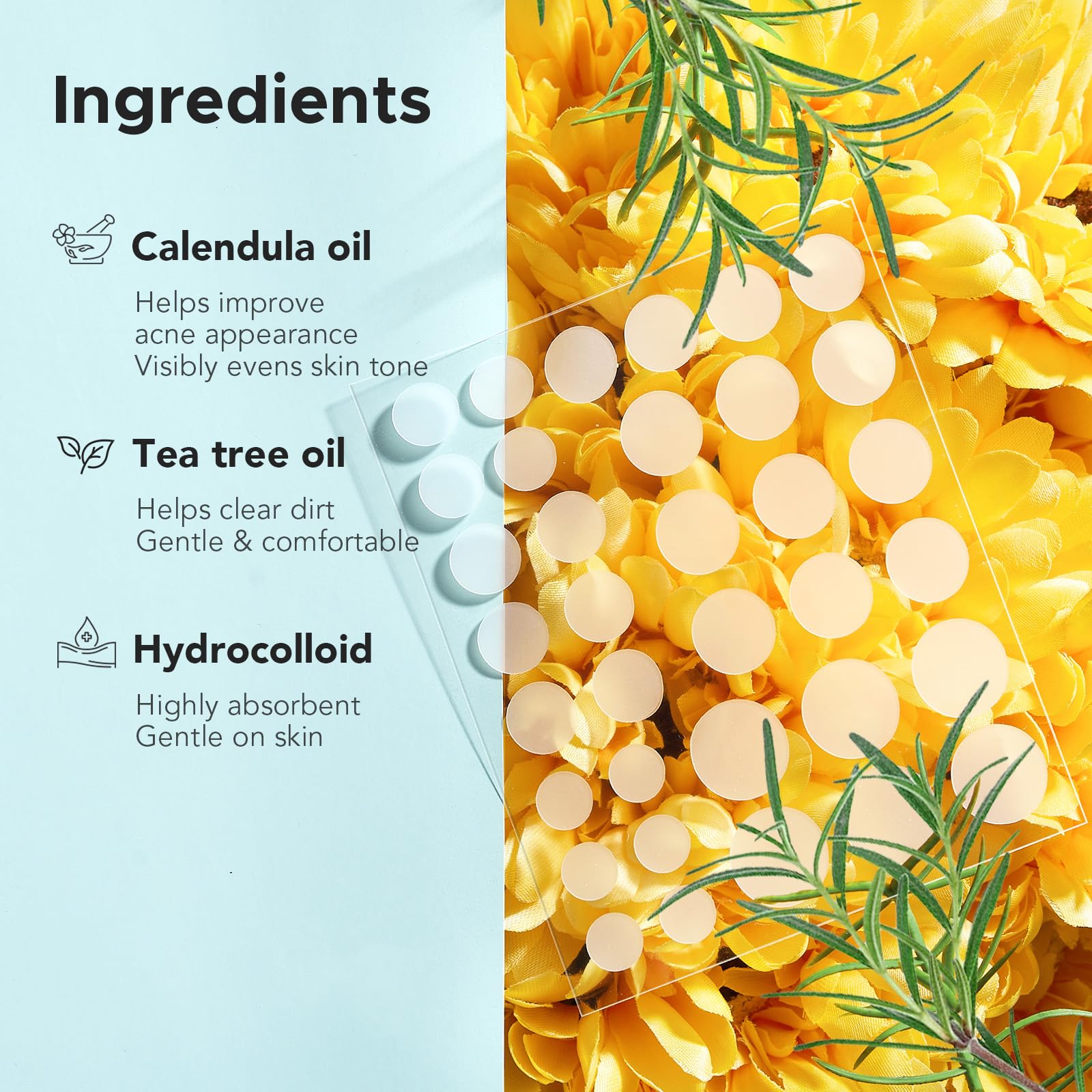 TKTK patch with tea tree and calendula highlights gentle, natural skin-safe ingredients.