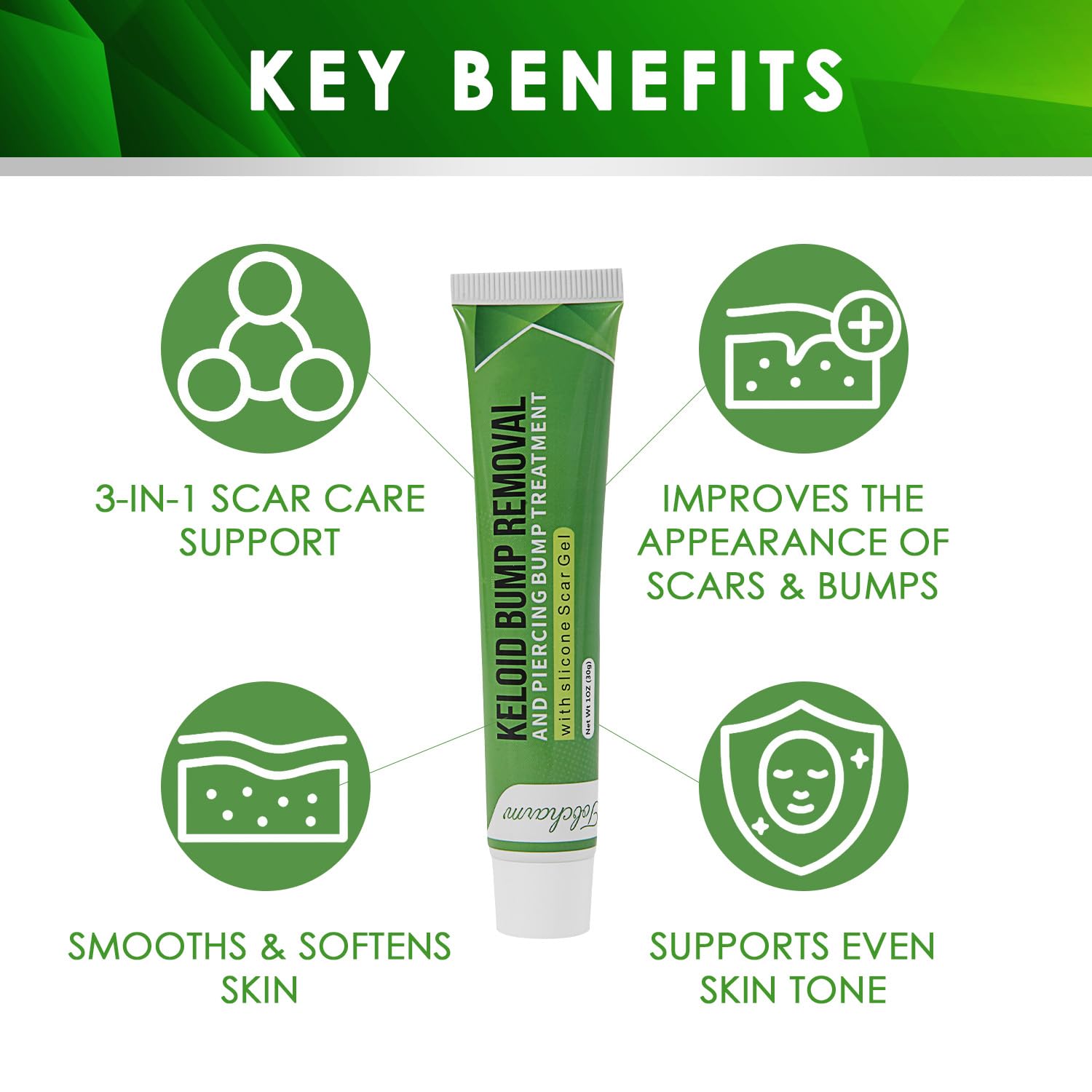 Tobcharm 2-pack silicone gel image shows ongoing scar care and hydration.
