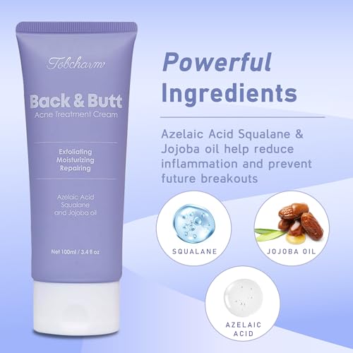 Tobcharm back acne cream bottle side view for back-area care and acne support.