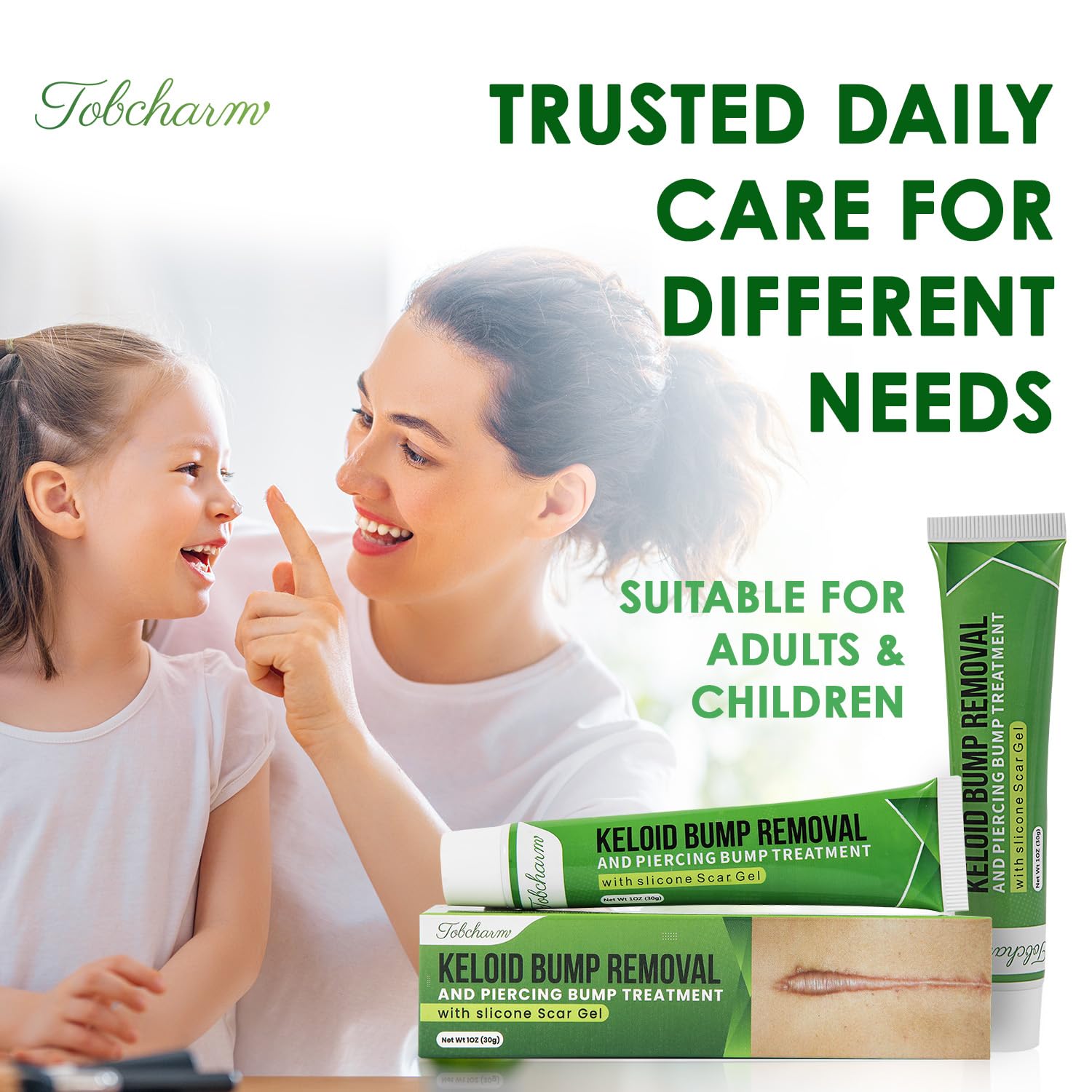 Tobcharm daily scar care routine image shows easy daily use.