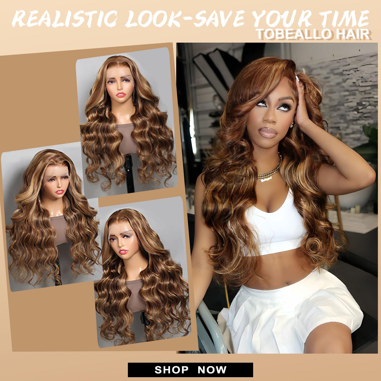 Tobeallo honey blonde wig cap-construction highlights breathable elastic band fit