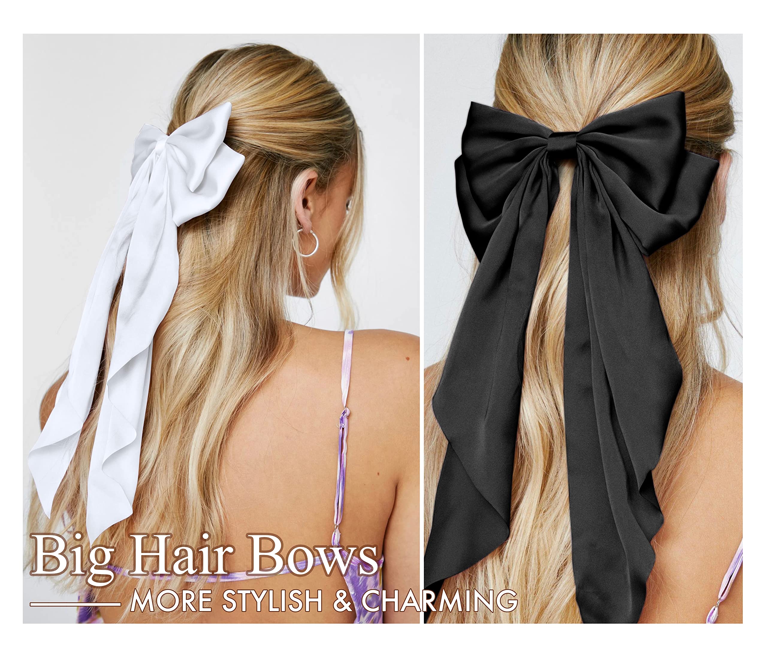 Tobeffect oversized satin bows with long tails on model for statement styling.