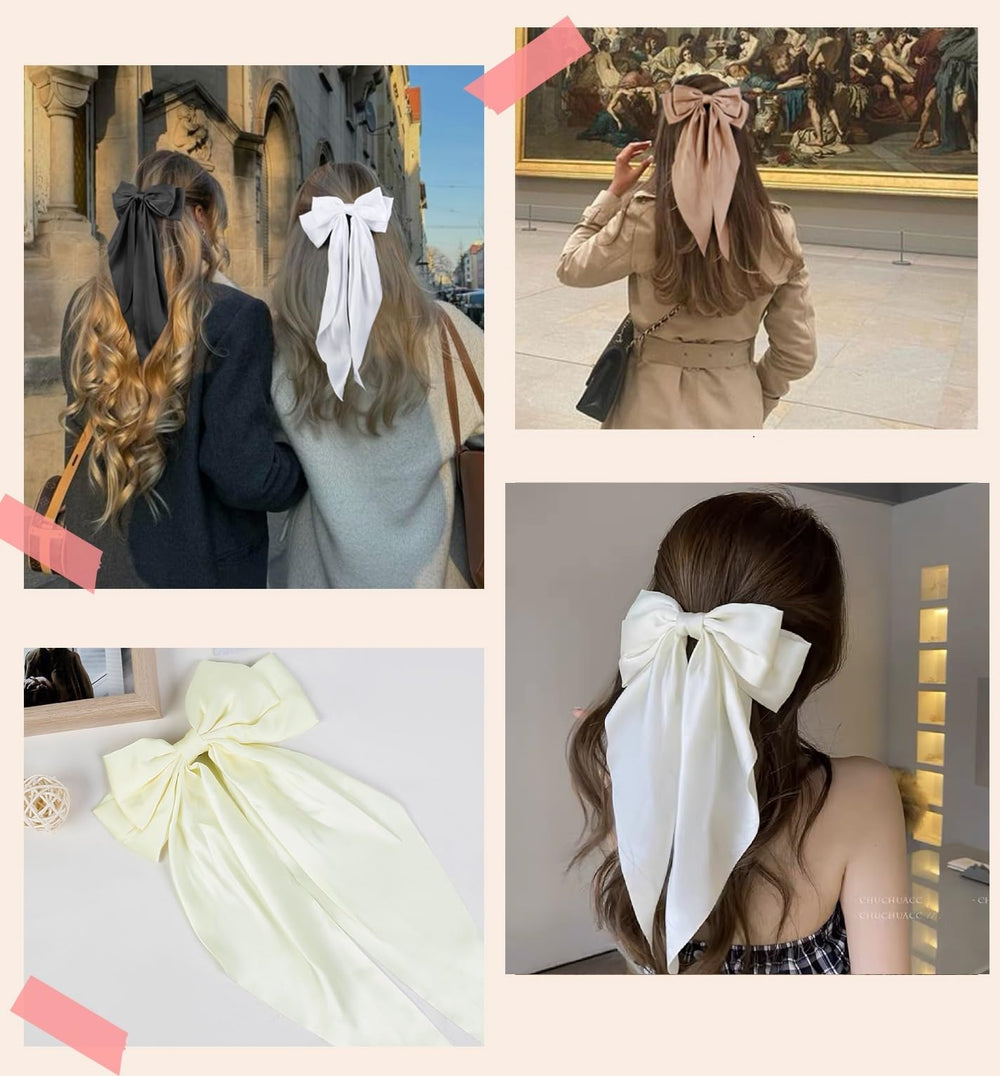 Tobeffect beige bow clip long tails pair well with warm outfits.