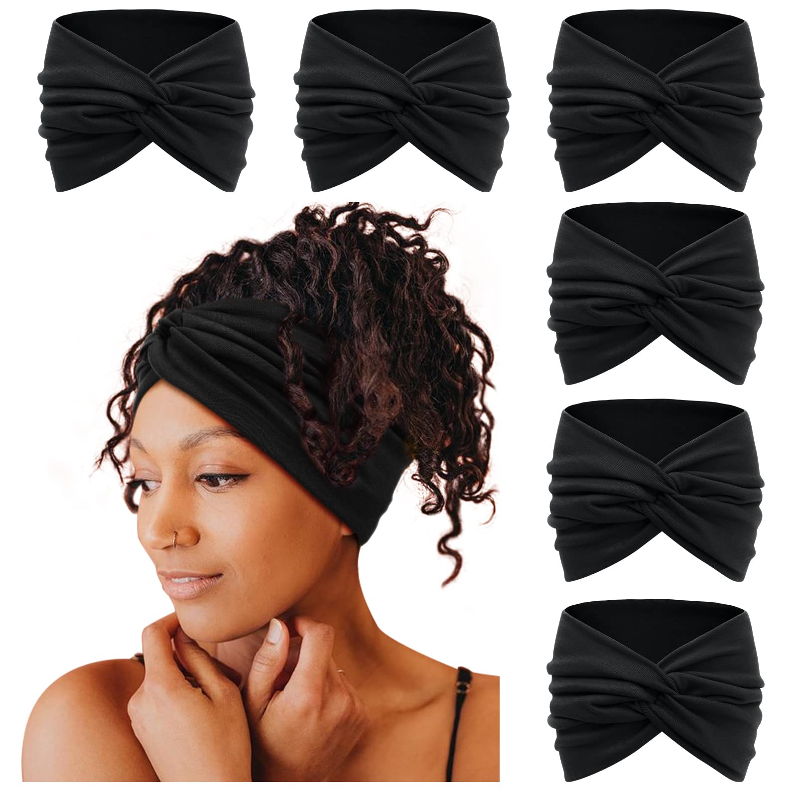 Tobeffect wide headband in black with front turban knot for secure all-day wear.