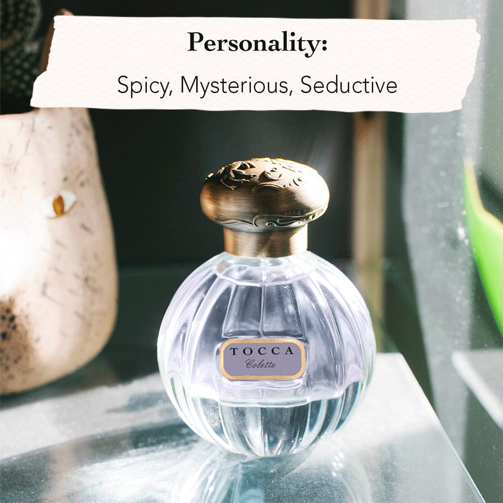 TOCCA Colette perfume cap close-up highlighting vintage charm.