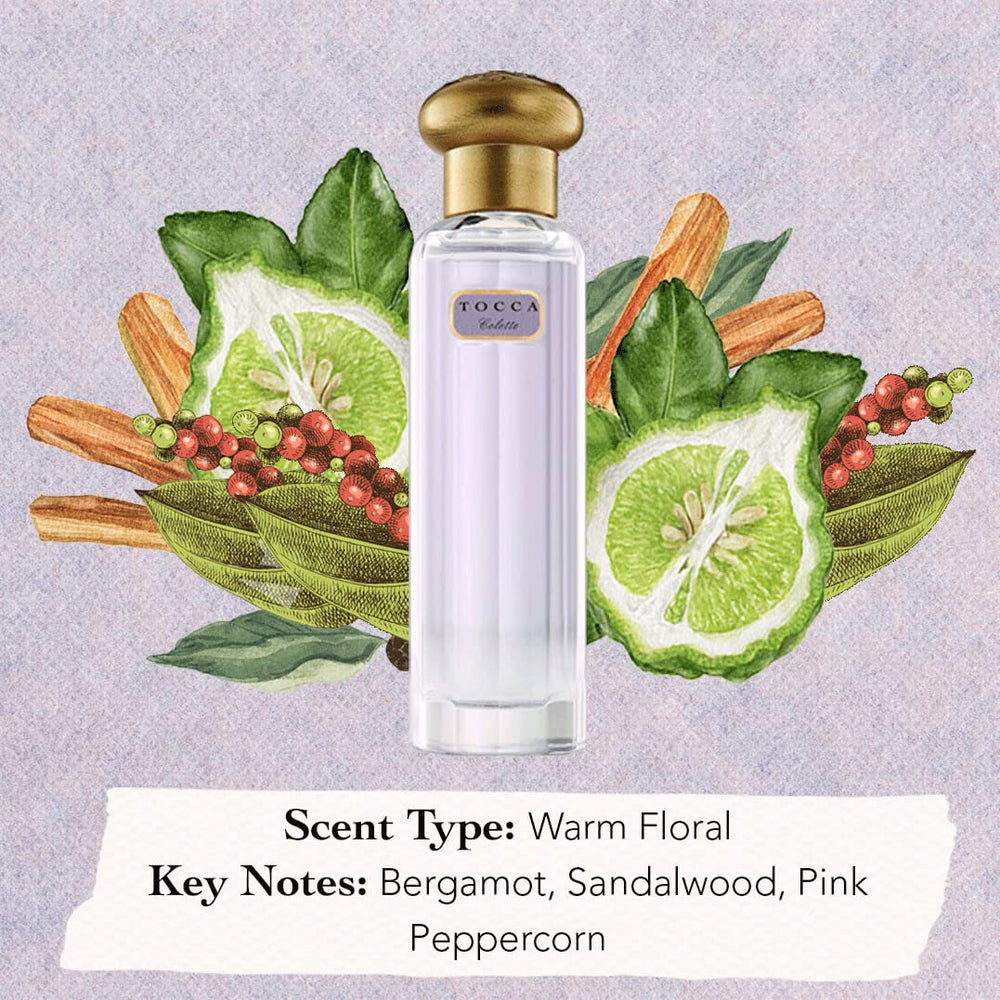 TOCCA Colette vintage cut-glass bottle evokes 1920s sophistication.