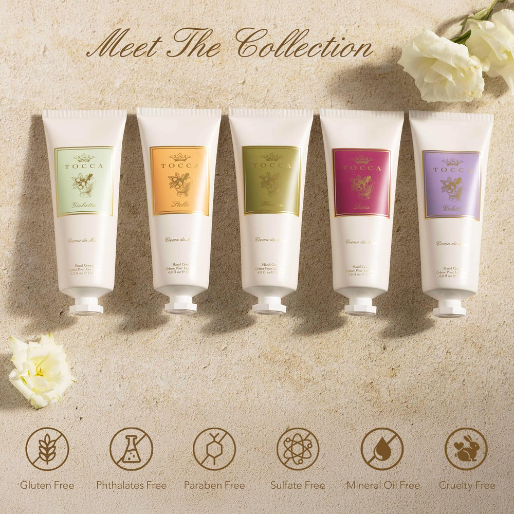 Tocca Florence ingredients panel highlights shea butter, avocado oil, aloe.