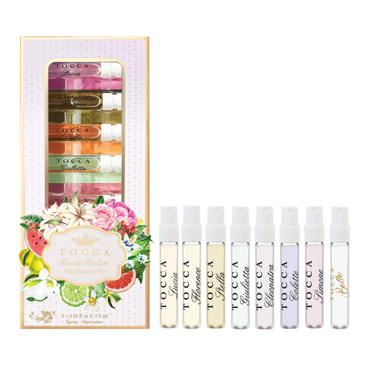 Tocca mini discovery sampler box front, gift-ready presentation for exploring signature scents.