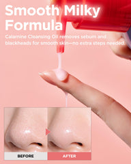 TOCOBO Calamine Pore Control Cleansing Oil emulsion close-up reveals milky texture for rinsing.