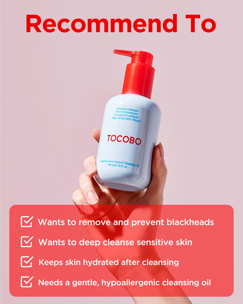 TOCOBO Calamine Pore Control Cleansing Oil ingredients graphic highlights calamine and plant oils.