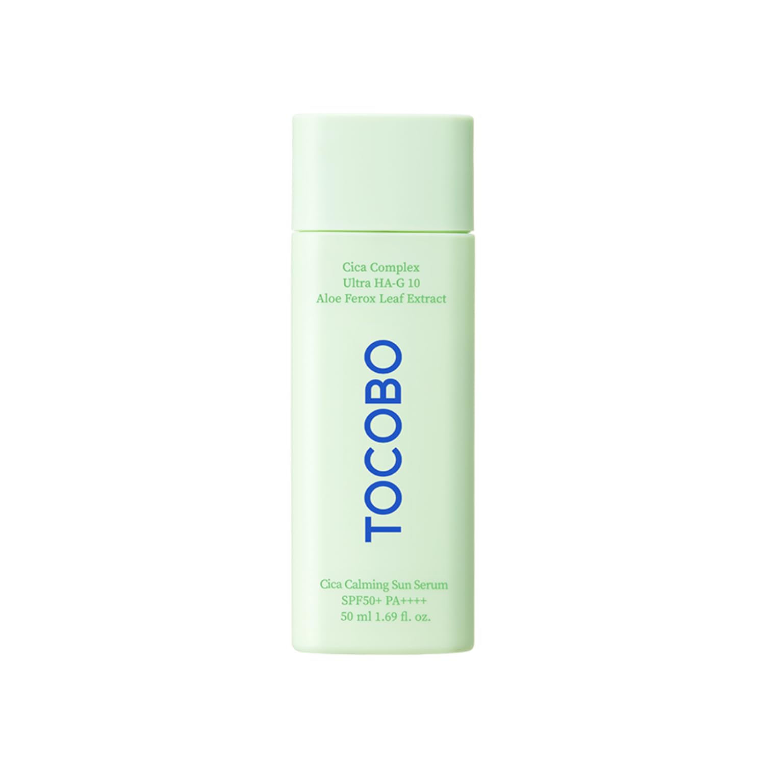 TOCOBO CICA CALMING SUN SERUM packaging showcases vegan SPF protection for daily skin care