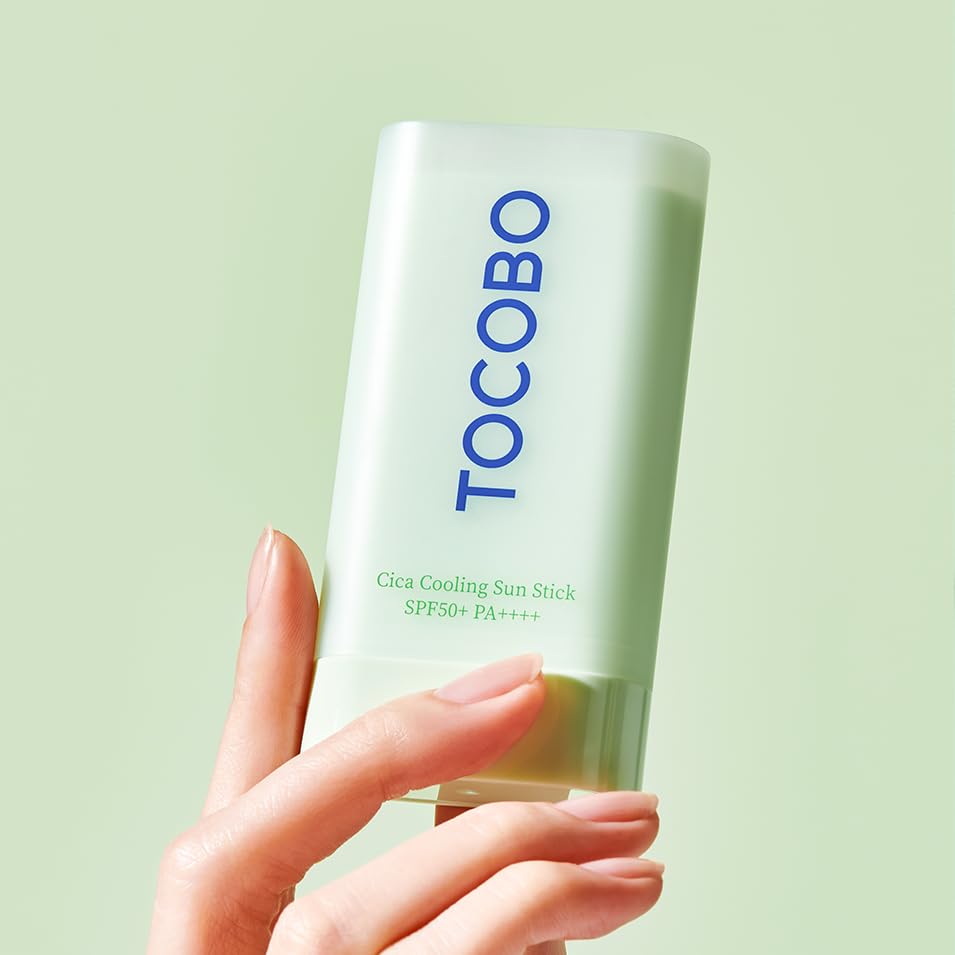 TOCOBO Cica Sun Stick application on skin shows slim stick gliding for easy coverage