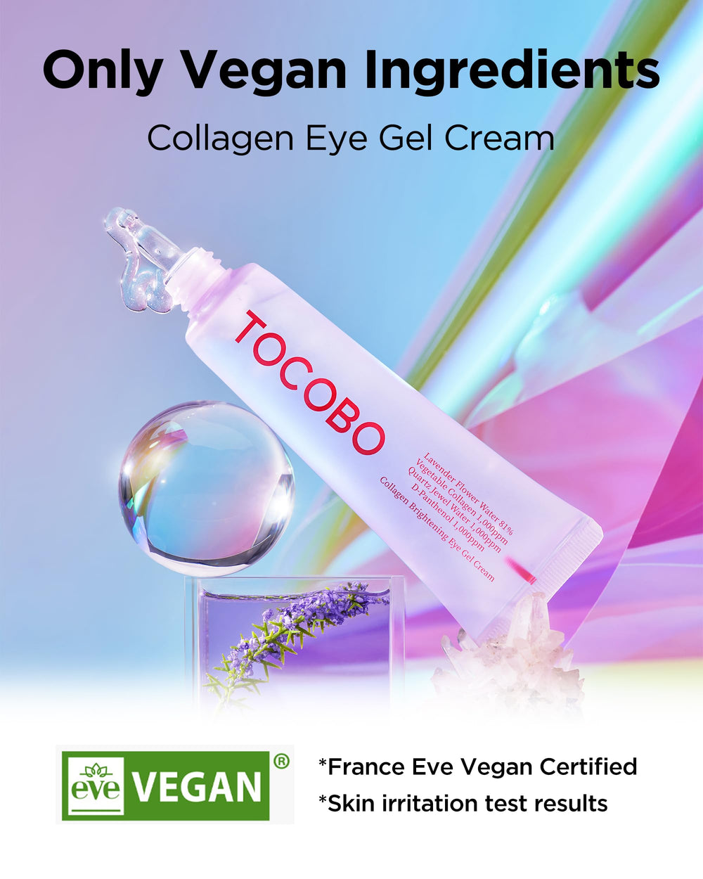 TOCOBO eye gel packaging demonstrates compact 1oz vegan formula suitable for daily use