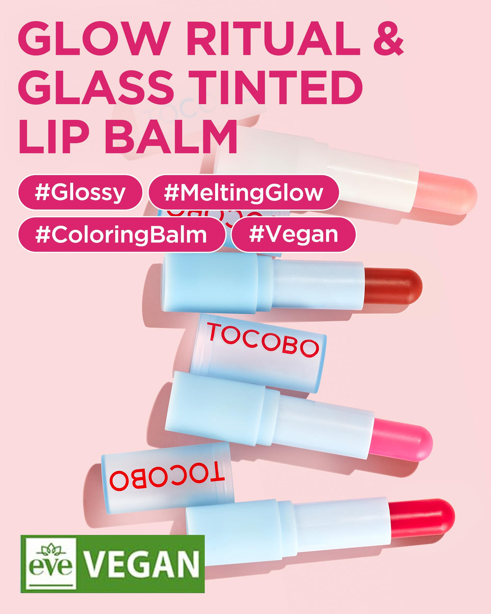 TOCOBO Glossy finish lip balm application closeup shows non-sticky shine.