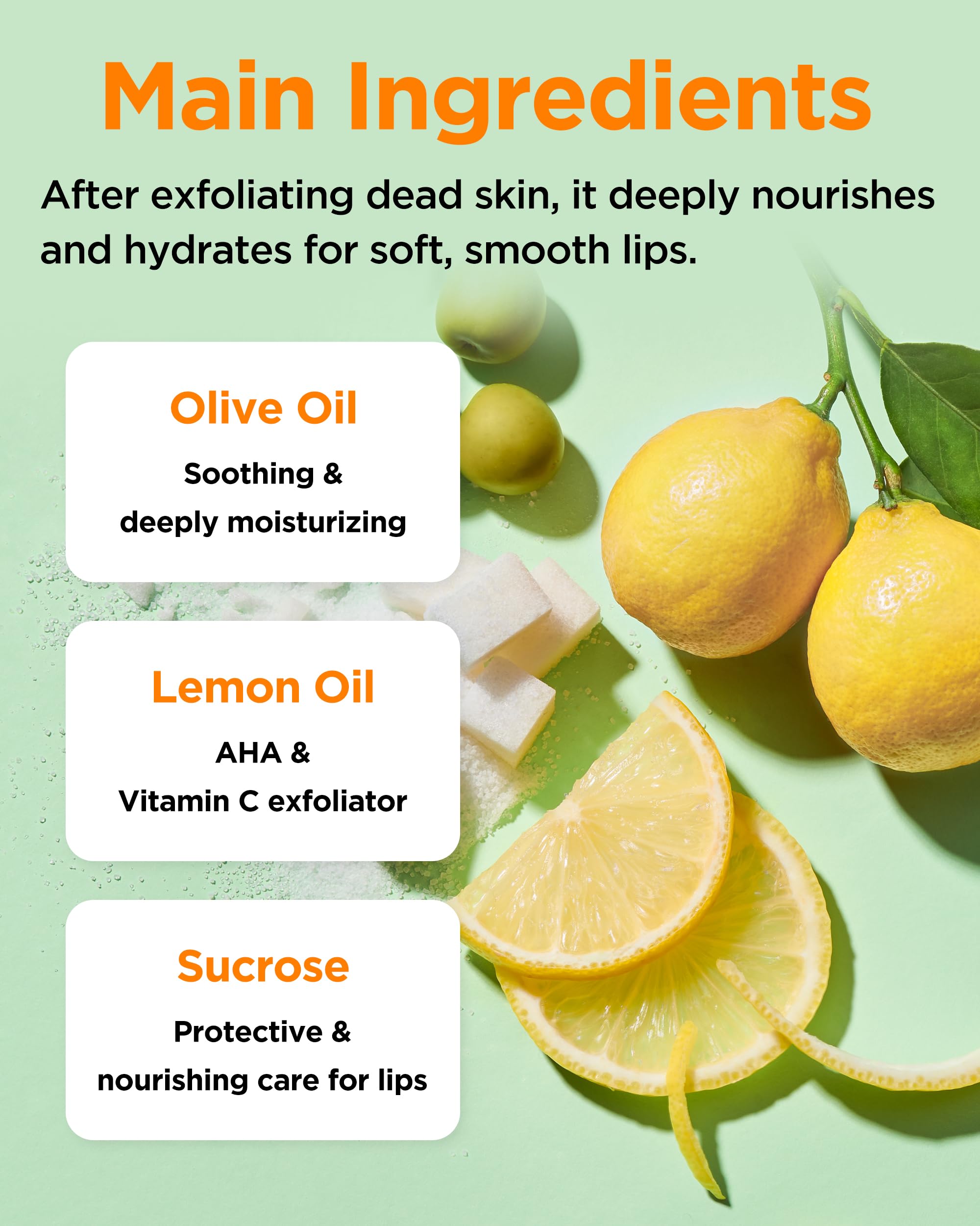 TOCOBO Lemon Sugar Lip Mask olive oil and polyphenols soothe and hydrate lips.
