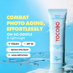 TOCOBO US Bio Watery Sunscreen mung bean extract illustration emphasizes antioxidant calm for stressed skin
