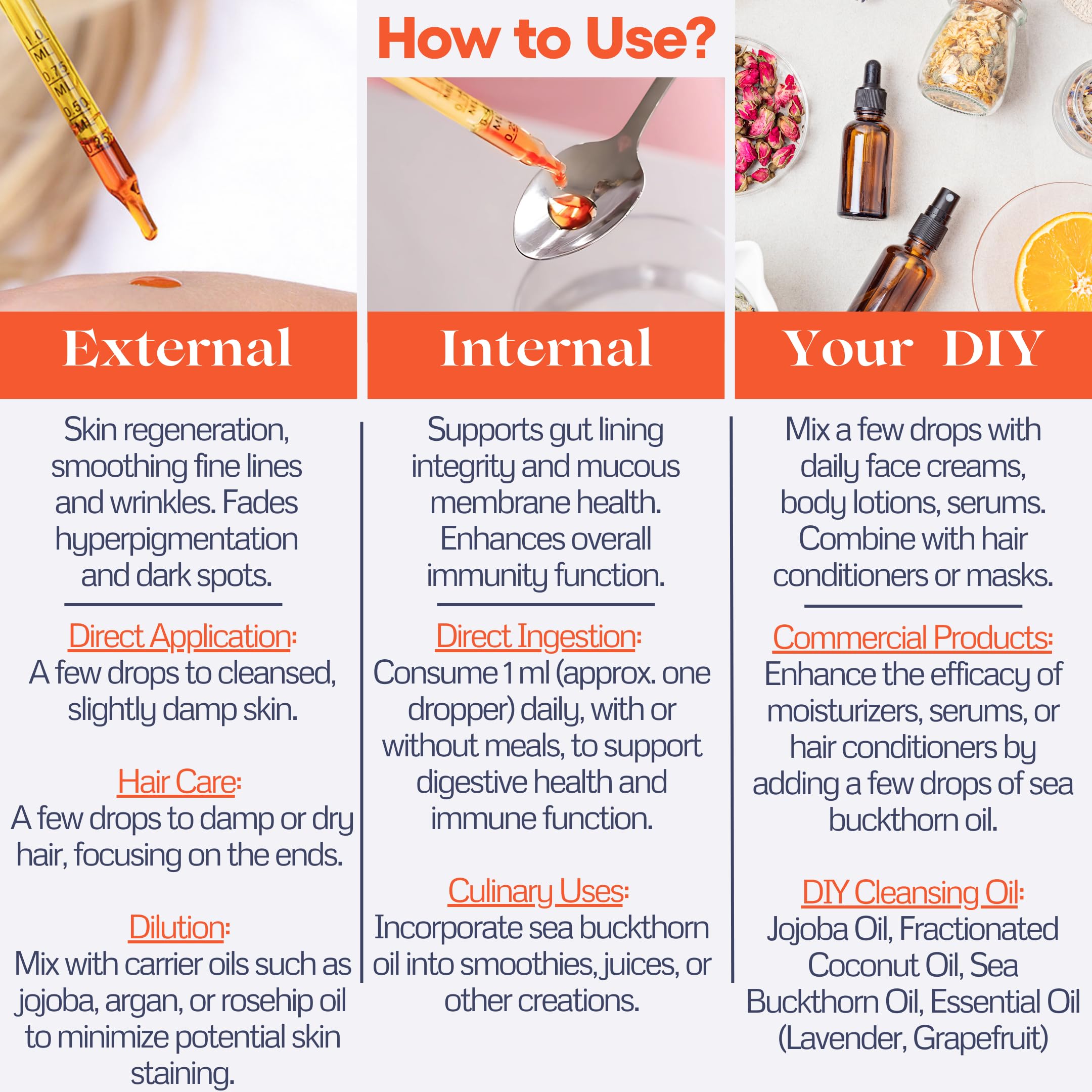 TODICAMP Sea Buckthorn Oil ingredients panel highlights omega fats and vitamins.