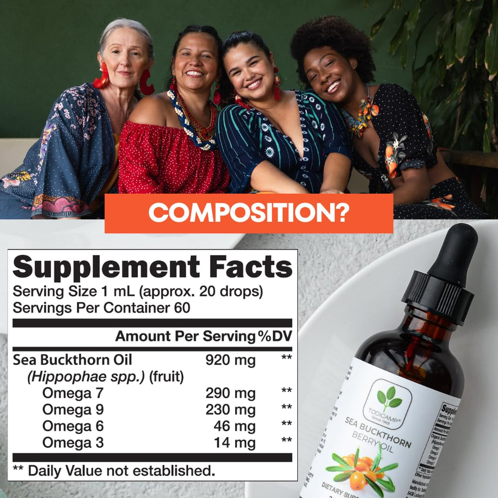 TODICAMP Organic Sea Buckthorn Oil label confirms cold-pressed, additive-free quality.