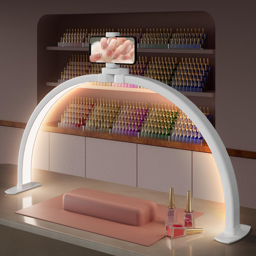 TOELOVE large half-moon light over nail desk enhances precision with shadow-free illumination.