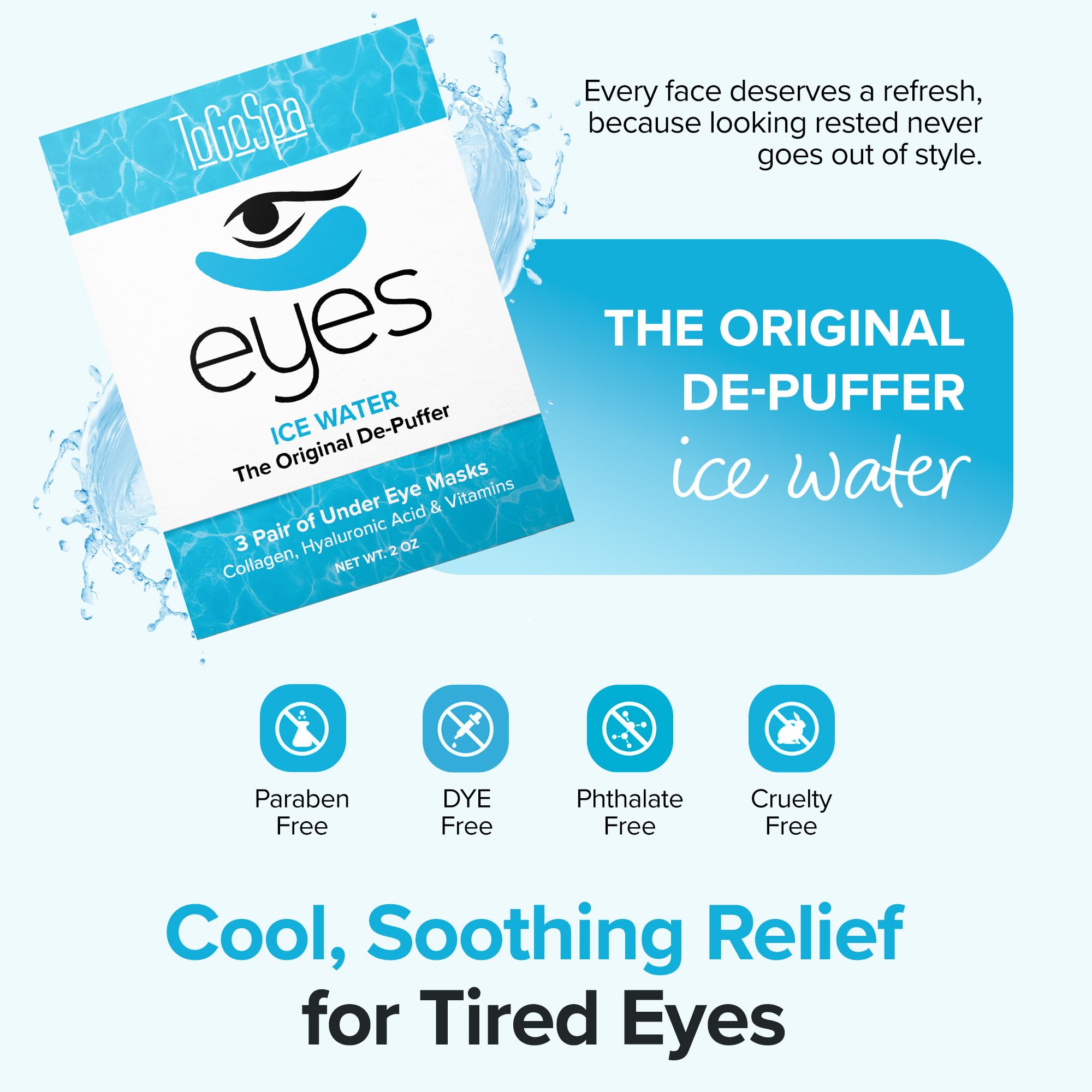 ToGoSpa Ice Water EYES hyaluronic acid ingredients emphasize deep moisture for puffy eyes.