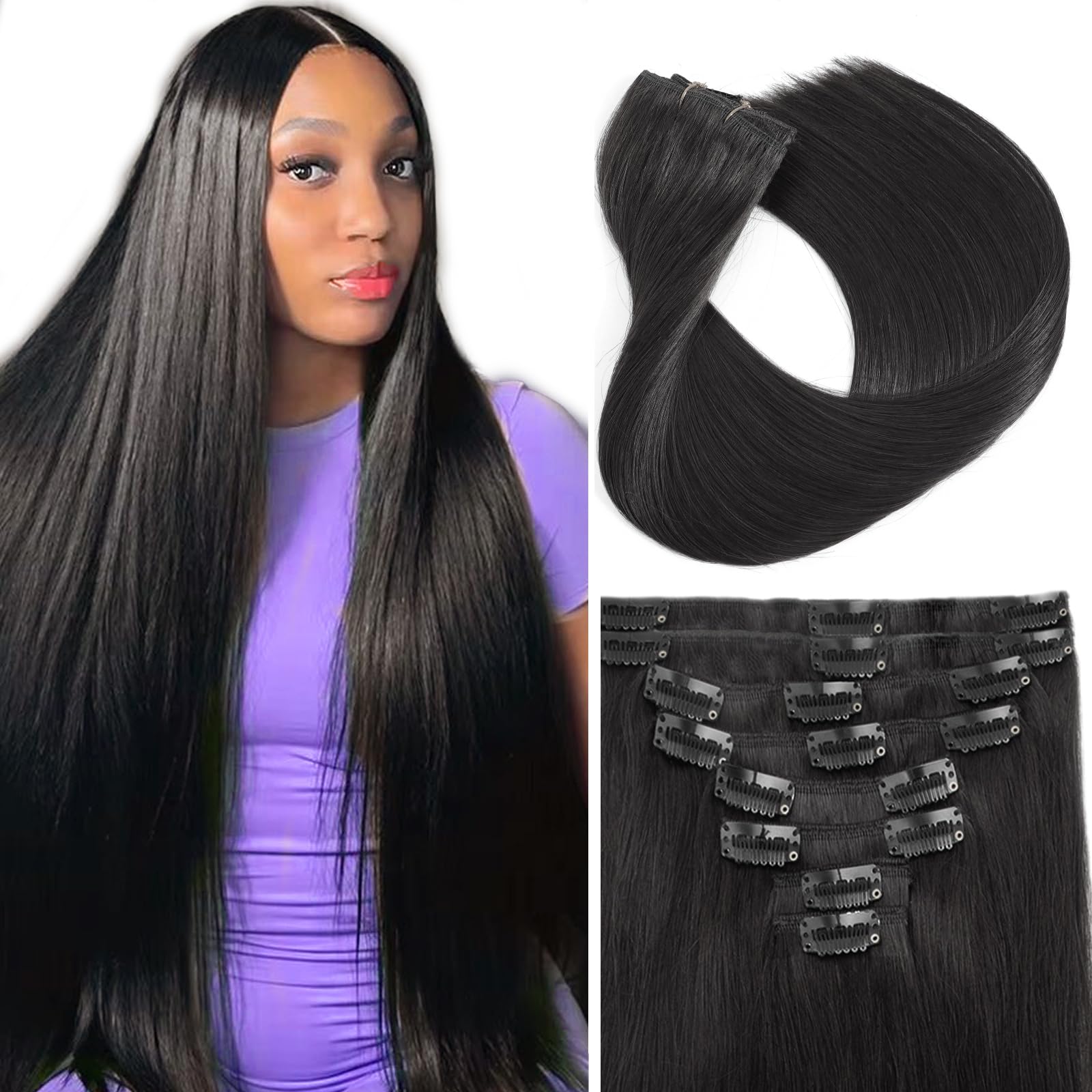TOHASI clip-in extensions 18-inch eight-piece set offers natural black Remy hair for seamless blend.