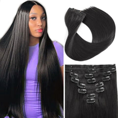 TOHASI clip-in extensions 18-inch eight-piece set offers natural black Remy hair for seamless blend.