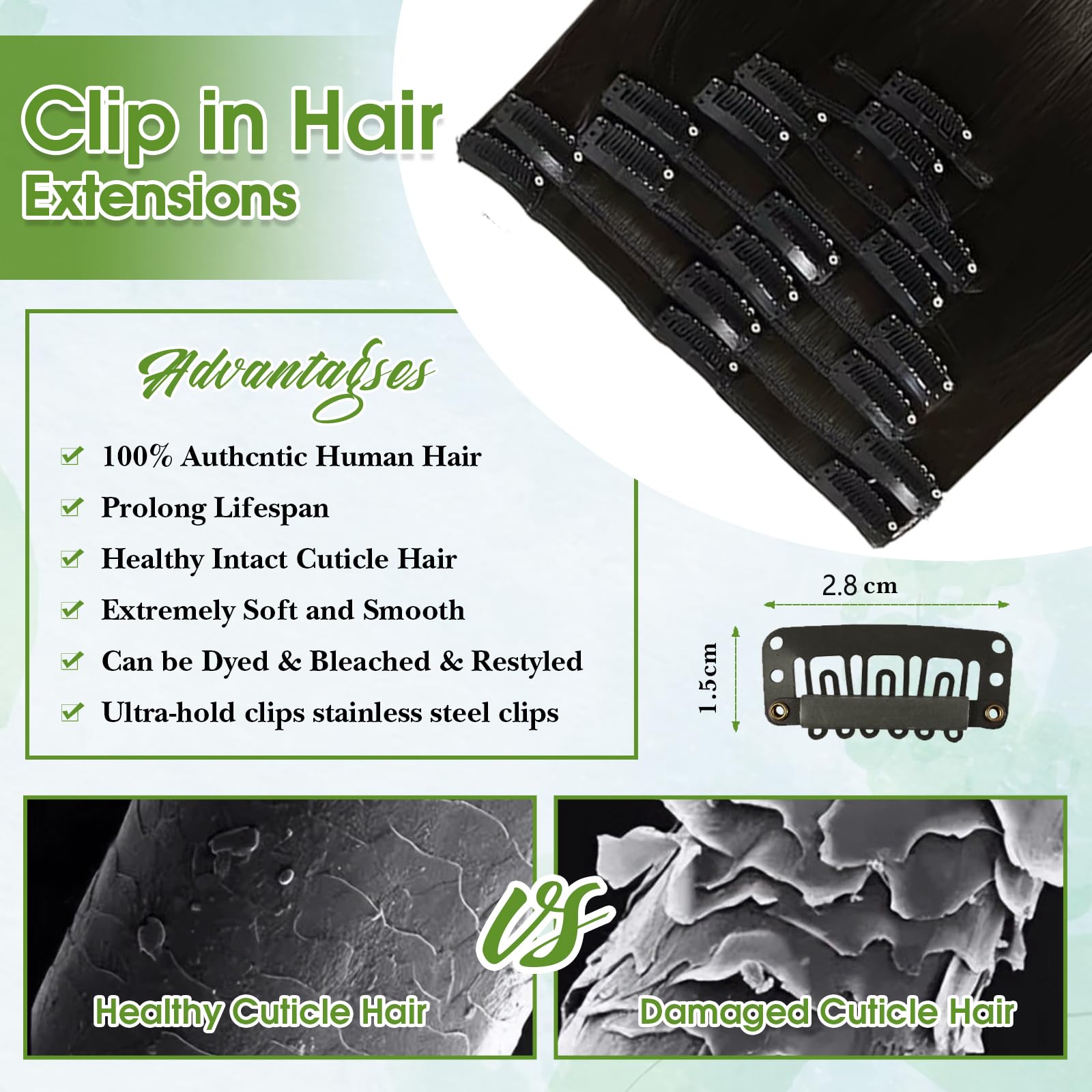 TOHASI clip-ins with stainless steel clips and soft rubber protect scalp.
